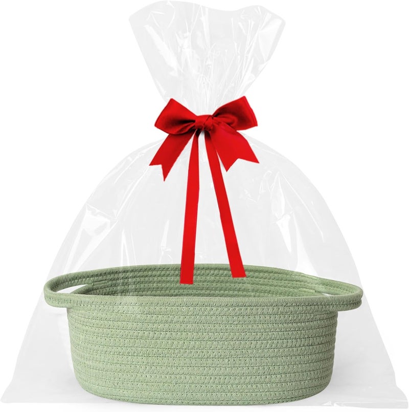 WILLITAT Small Baskets for Gifts Empty, 13"x 9"x 5" Woven Gift Basket with Bag and Ribbon, Cotton Rope Kids Dog Cat Toy Bin Box, Cute Baby Nursery Organizer, Decorative Storage with Handles, Green - Image 1